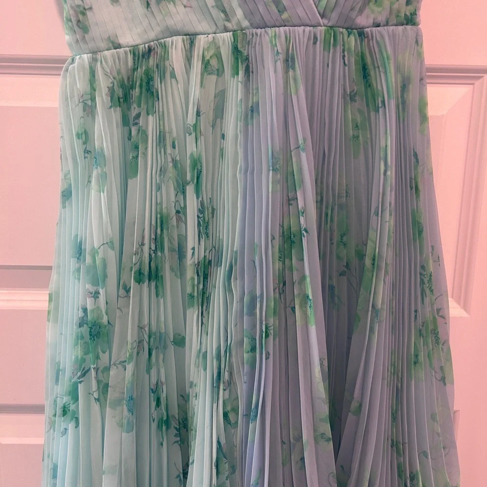 THEIA Pleated Chiffon Dress Blue Green Watercolor Halter Midi 4 Wedding Guest